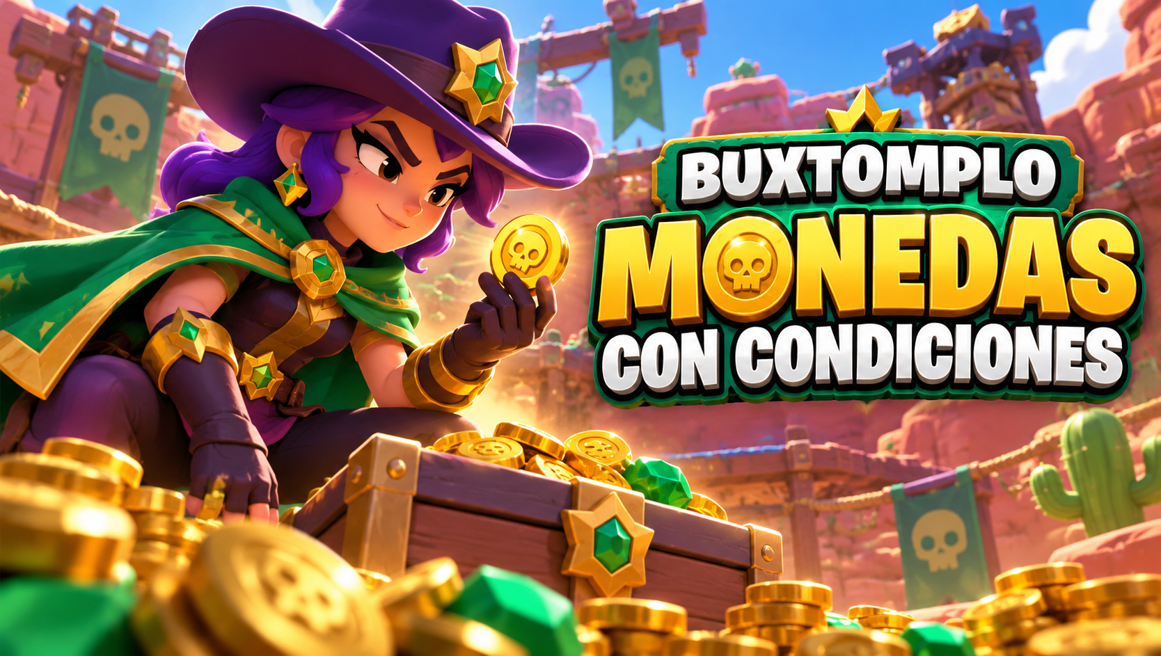 Ilustración editorial para BuxTomplo y las monedas de Brawl Stars: compara la guía con el juego