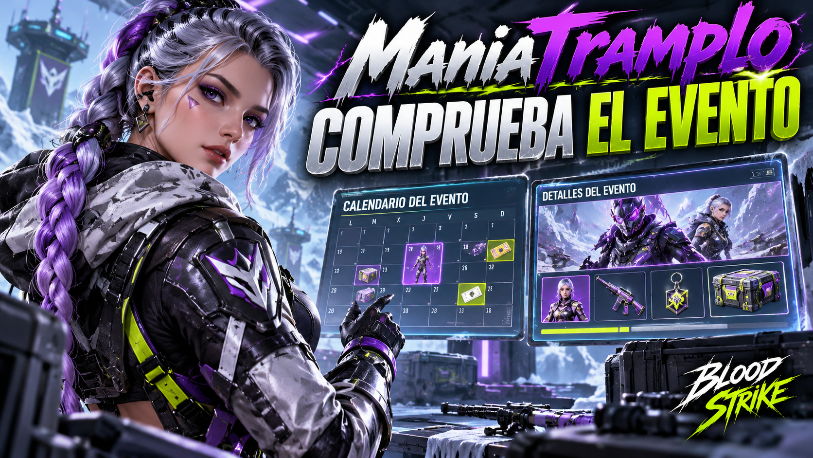 Ilustración editorial para ManiaTramplo y Blood Strike: comprueba el evento antes de creer una skin gratis