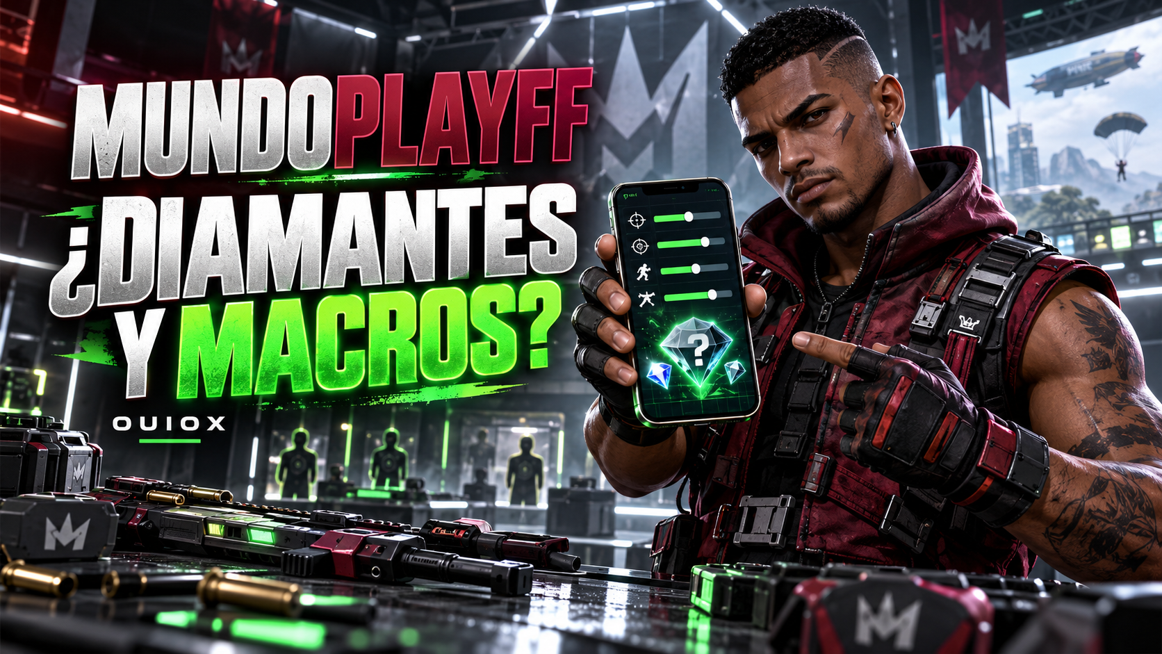Ilustración editorial para MundoPlayFF: diamantes, sensibilidad y macros bajo la lupa